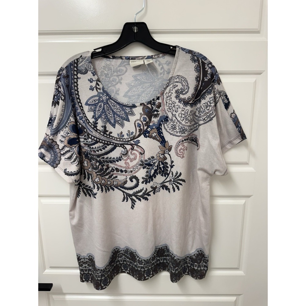 Zenergy By Chicos Top Beaded Pullover Paisley Stretch Blue Grey Womens Size 2 L